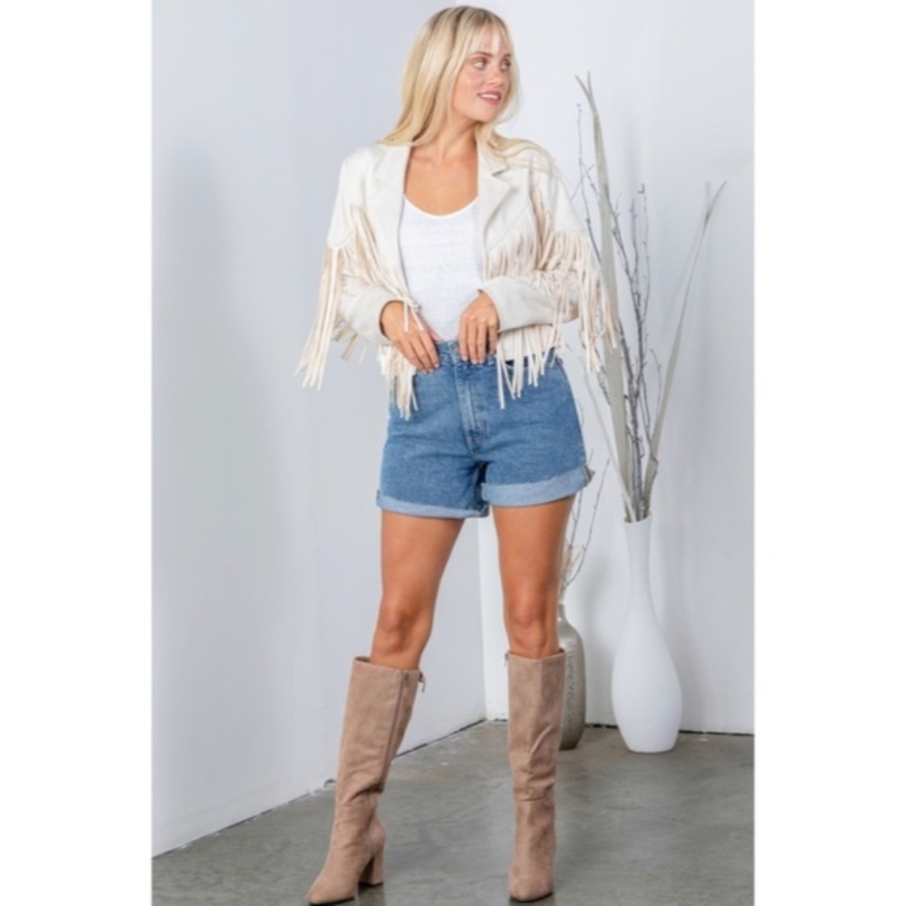 SOLD OUT Ivory Faux Leather Suede Fringe Cropped Western Boho Moto Jacket - Picture 6 of 9